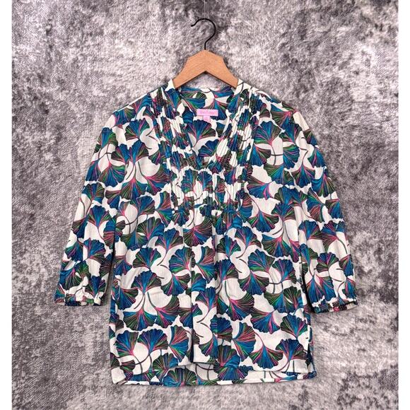 Lilly Pulitzer Tops - Lilly Pulitzer Blouse XS Womens Floral Textured Pleated 3/4 Sleeve Top